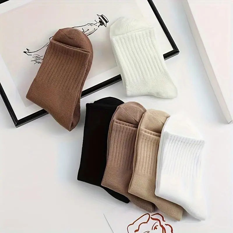 6 Pairs Multi-Color Heap Socks Set - Ribbed Knit Soft Elastic, Black/Brown/Beige/White Daily Casual Unisex