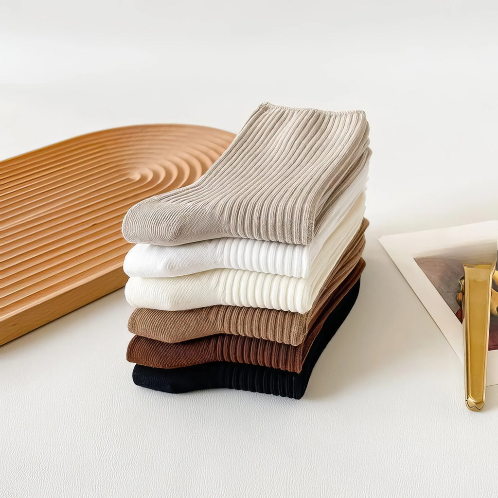 6 Pairs Multi-Color Heap Socks Set - Ribbed Knit Soft Elastic, Black/Brown/Beige/White Daily Casual Unisex