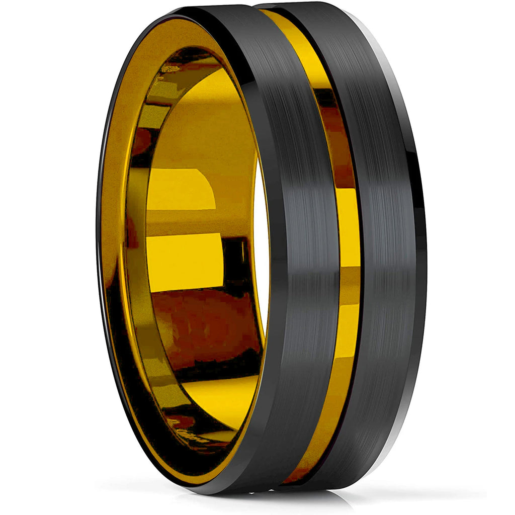 Gold Color Carbon Fiber Inlay Rings For Men, Luxury 8MM Men Gold Color Stainless Steel Rings, Wedding Band Jewelry Drop Shipping