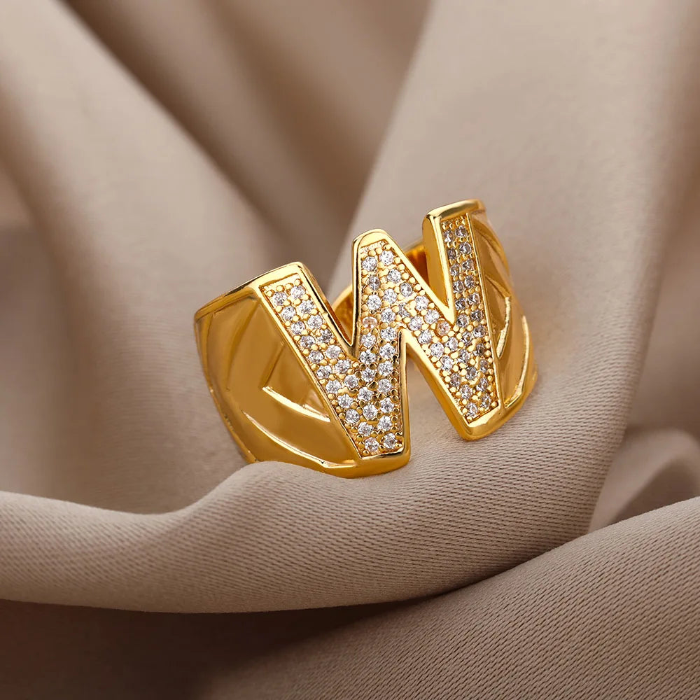 Chunky Wide Zircon Initial Letter Rings For Women Stainless Steel Opening Finger Ring Hip Hop Minimalist Jewelry Gift Femme