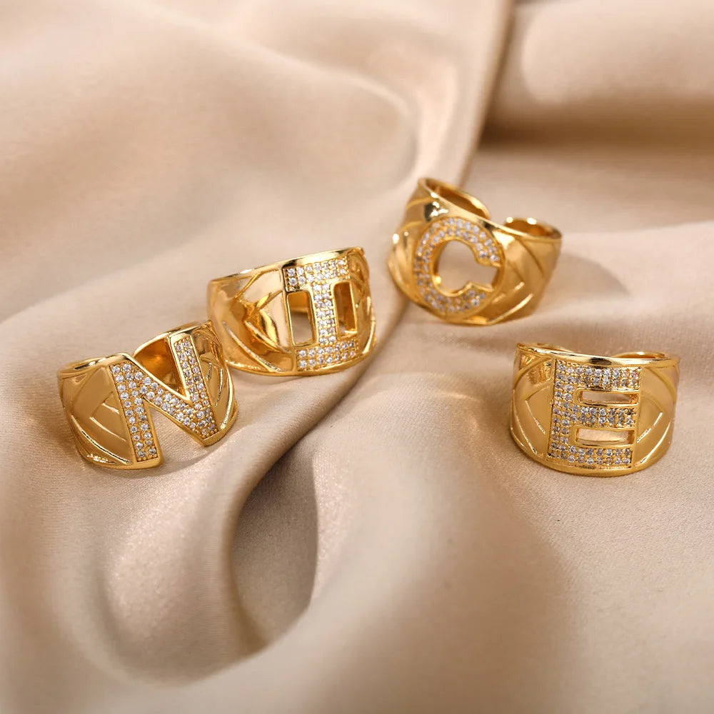 Chunky Wide Zircon Initial Letter Rings For Women Stainless Steel Opening Finger Ring Hip Hop Minimalist Jewelry Gift Femme