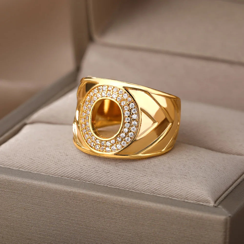 Chunky Wide Zircon Initial Letter Rings For Women Stainless Steel Opening Finger Ring Hip Hop Minimalist Jewelry Gift Femme