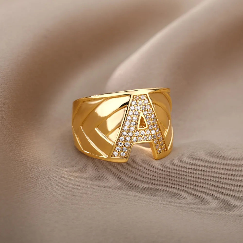 Chunky Wide Zircon Initial Letter Rings For Women Stainless Steel Opening Finger Ring Hip Hop Minimalist Jewelry Gift Femme
