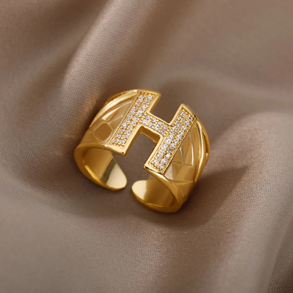 Chunky Wide Zircon Initial Letter Rings For Women Stainless Steel Opening Finger Ring Hip Hop Minimalist Jewelry Gift Femme