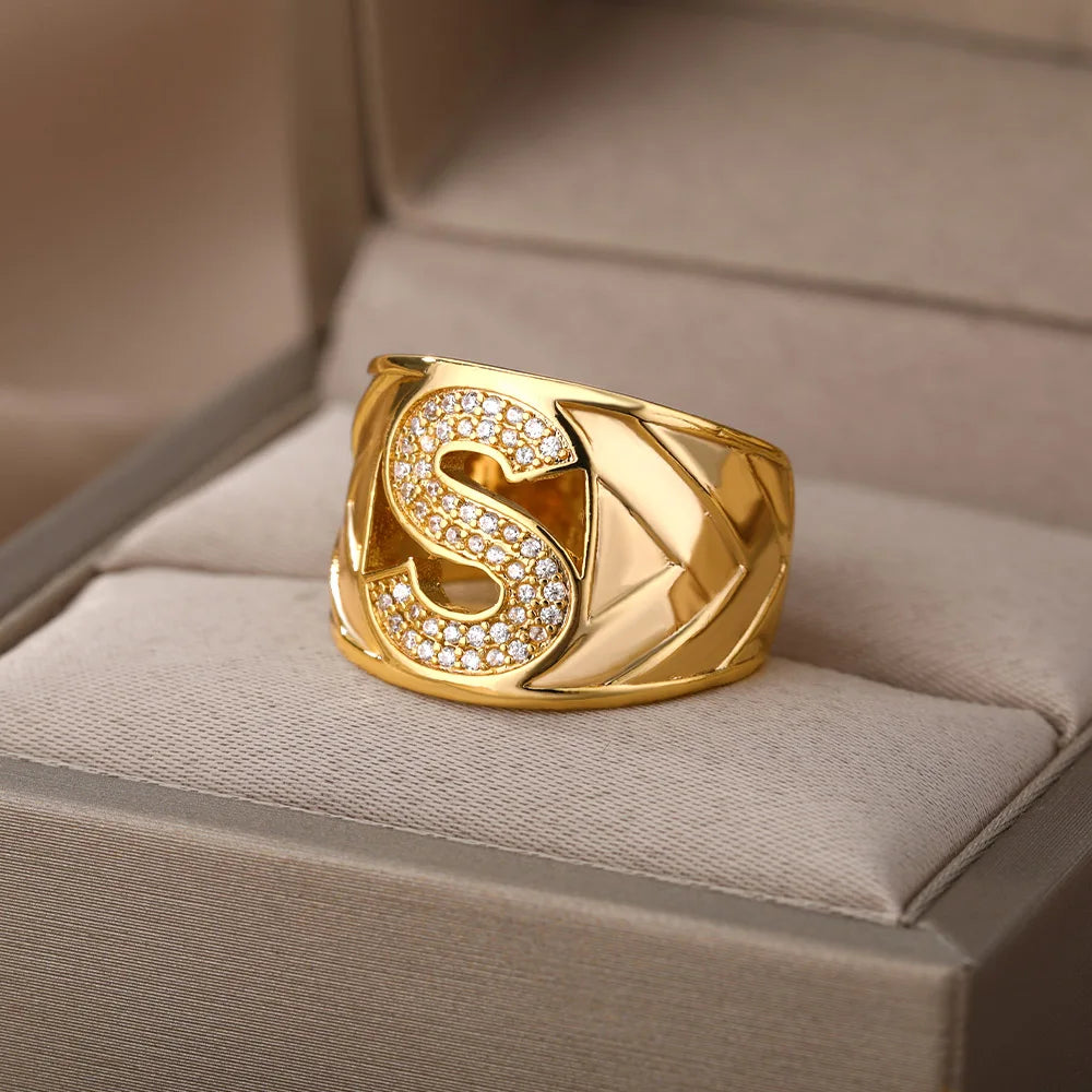 Chunky Wide Zircon Initial Letter Rings For Women Stainless Steel Opening Finger Ring Hip Hop Minimalist Jewelry Gift Femme