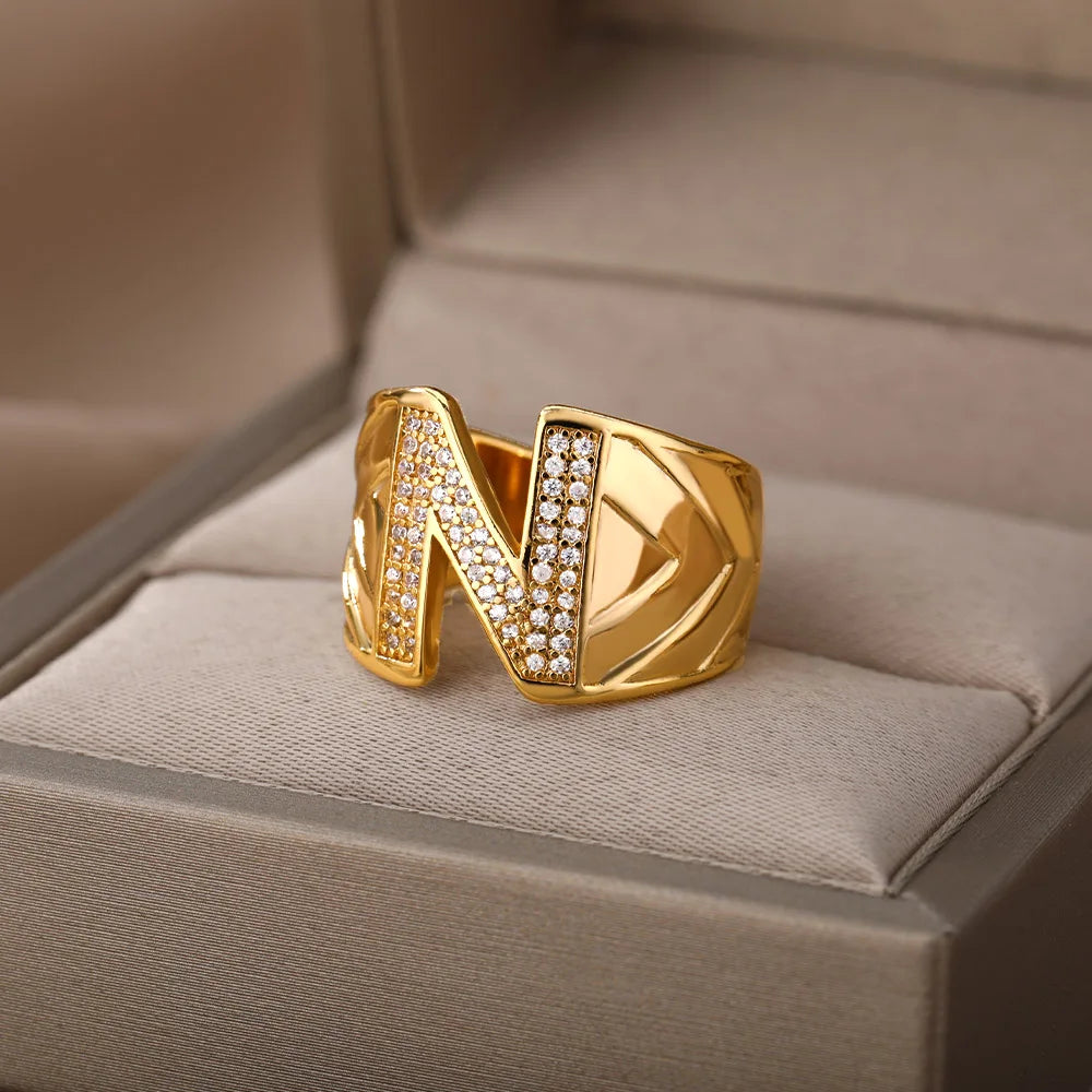 Chunky Wide Zircon Initial Letter Rings For Women Stainless Steel Opening Finger Ring Hip Hop Minimalist Jewelry Gift Femme