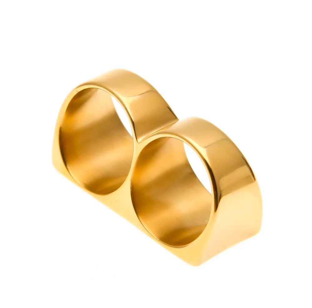 Personality Hip Hop Two Finger Rings Stainless Steel Gold Color Men Punk Biker Rings Women Party Cool Ring Size 10 11 Available