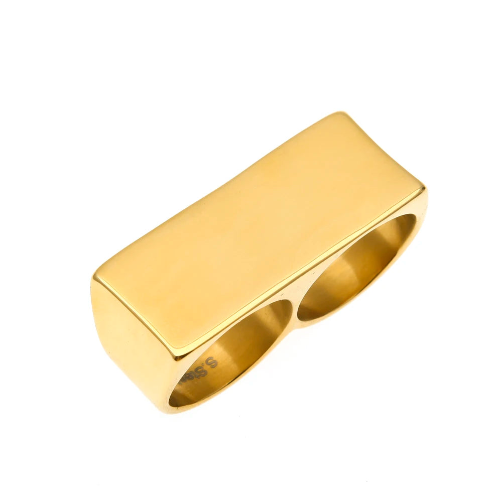 Personality Hip Hop Two Finger Rings Stainless Steel Gold Color Men Punk Biker Rings Women Party Cool Ring Size 10 11 Available