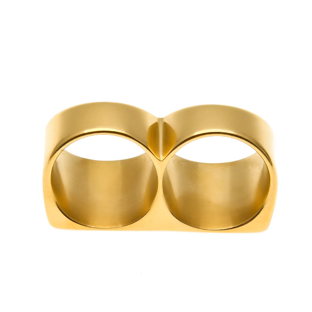 Personality Hip Hop Two Finger Rings Stainless Steel Gold Color Men Punk Biker Rings Women Party Cool Ring Size 10 11 Available