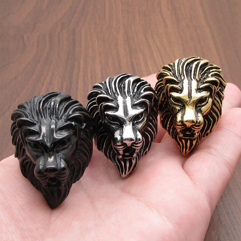 Punk 316L Stainless Steel Silver Color Gold Black Plated King Lion Head Ring Jewelry