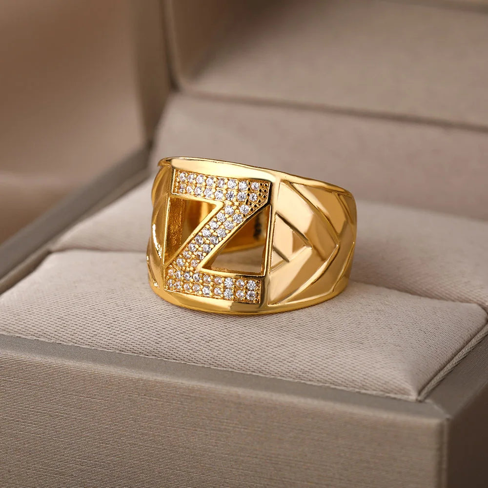 Chunky Wide Zircon Initial Letter Rings For Women Stainless Steel Opening Finger Ring Hip Hop Minimalist Jewelry Gift Femme