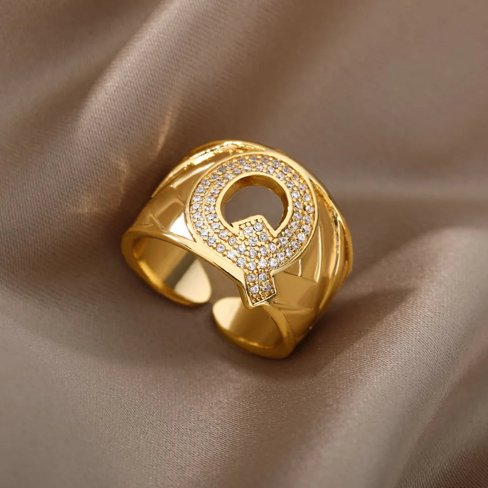 Chunky Wide Zircon Initial Letter Rings For Women Stainless Steel Opening Finger Ring Hip Hop Minimalist Jewelry Gift Femme