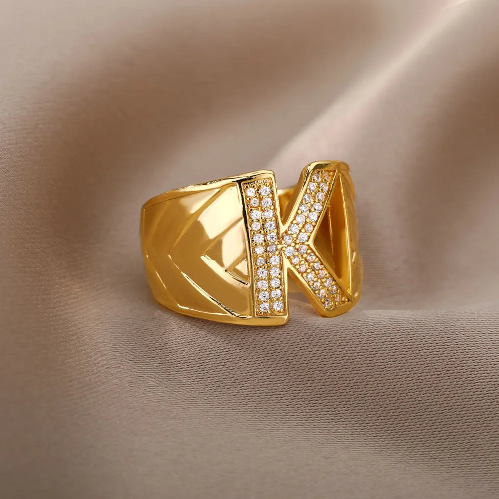 Chunky Wide Zircon Initial Letter Rings For Women Stainless Steel Opening Finger Ring Hip Hop Minimalist Jewelry Gift Femme