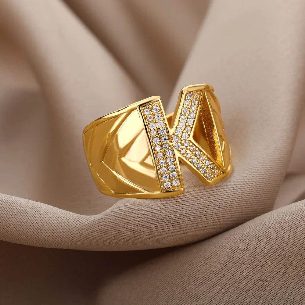 Chunky Wide Zircon Initial Letter Rings For Women Stainless Steel Opening Finger Ring Hip Hop Minimalist Jewelry Gift Femme