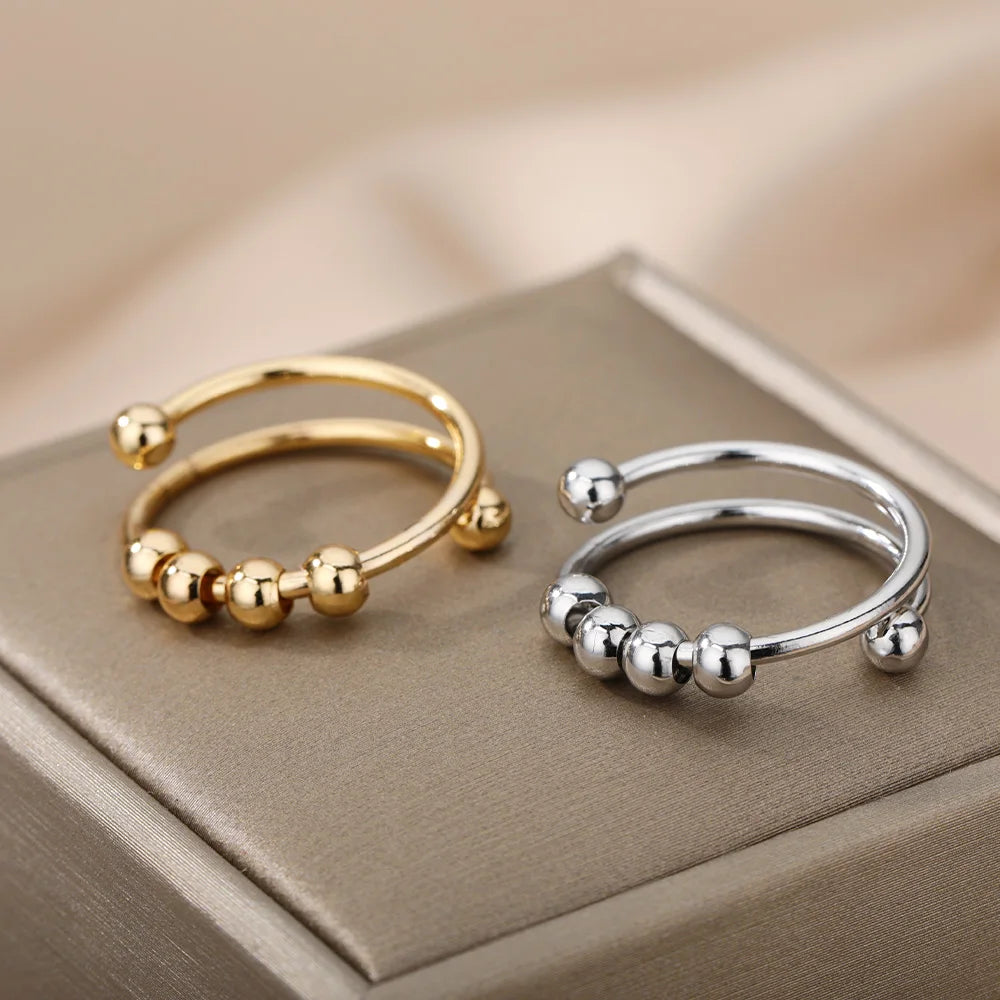 Anxiety Ring Beads Rings For Women Men Stainless Steel Ring Spinner Spiral Simulated Freely Anti Stress Fidget Ring Jewelry