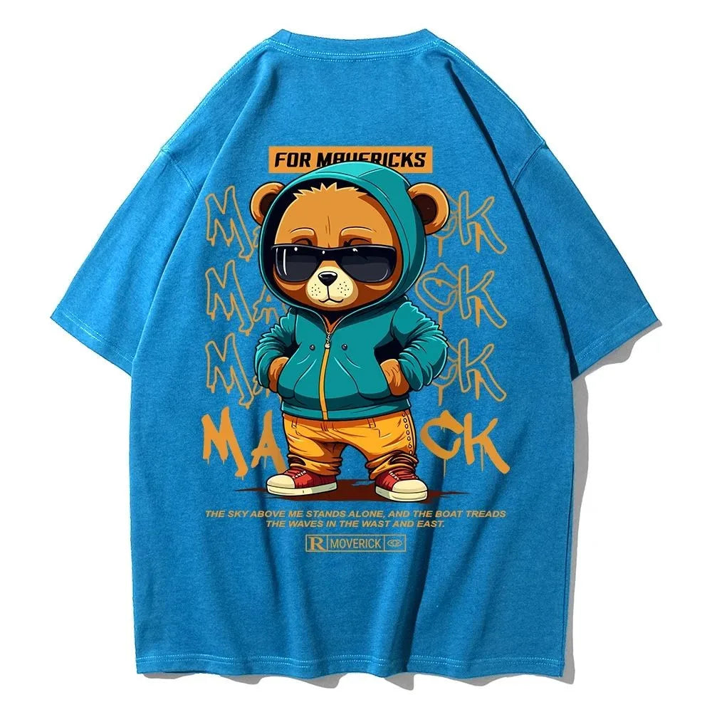 American men's summer personalized cartoon teddy bear letter print soft and breathable round neck T-shirt outdoor street top