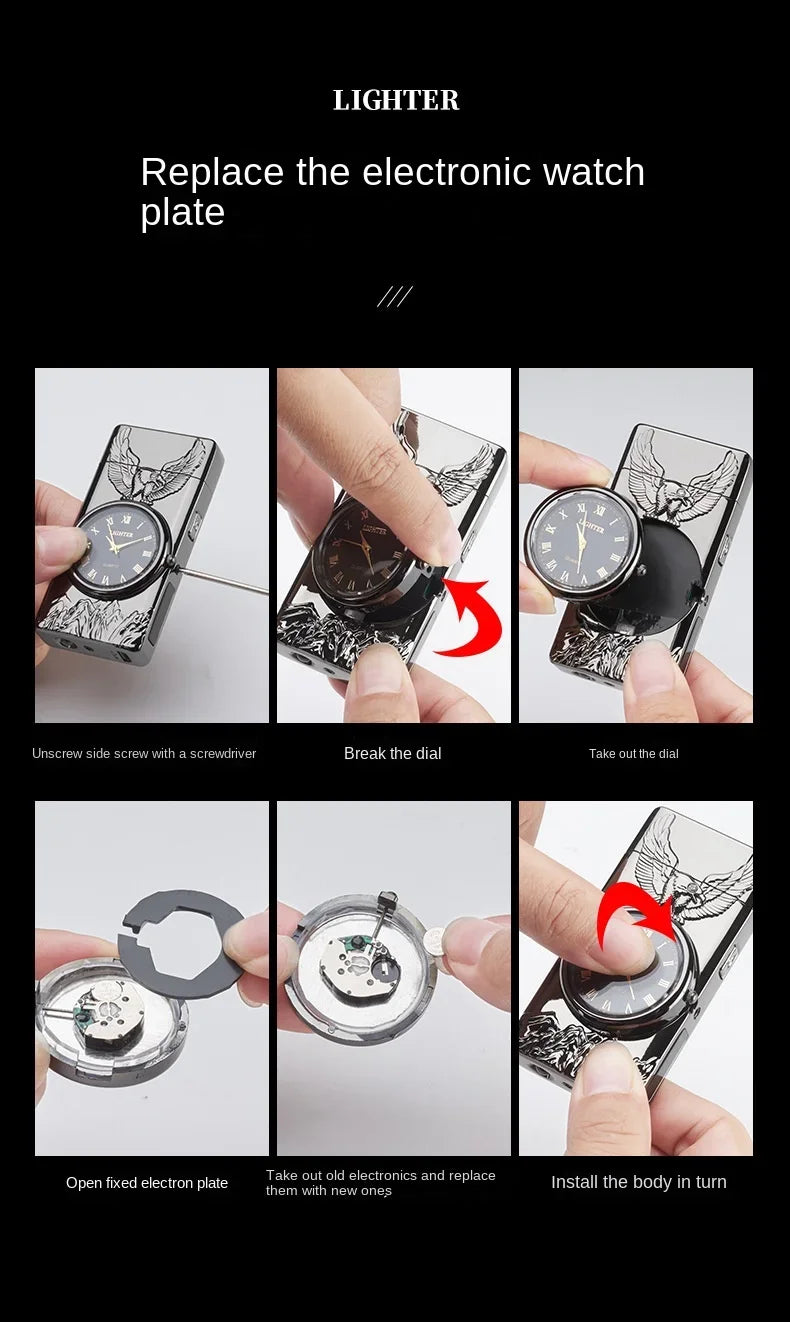 USB Rechargeable Dual Arc Metal Windproof Multifunction Lighter, Eagle Engraved Luminous Dial, LED Lighting Cigarette Lighter