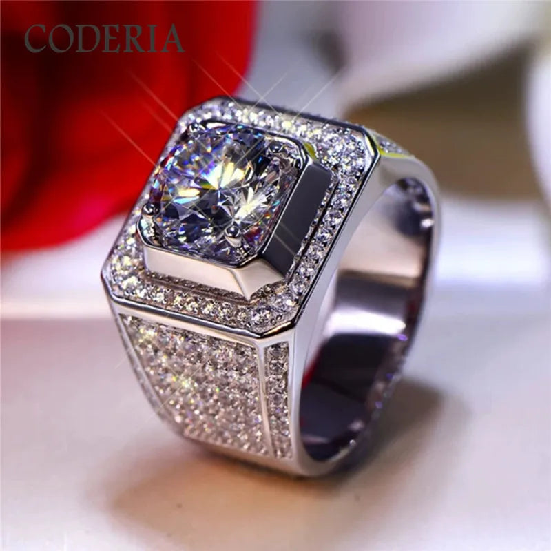 VVS1 High Clarity D Color 2-5 Carat Moissanite Men Ring 925 Sterling Silver White Gold Plated Lab Diamond Rings Wedding Jewelry