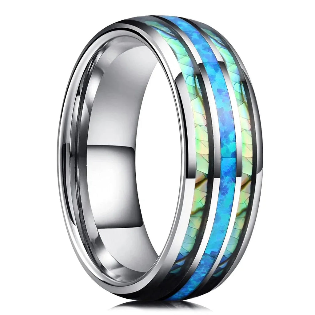 Fashion 8MM Gold Color Men Stainless Steel Ring Pink Abalone Shell Inlay Rings For Men Women Wedding Engagement Jewelry Gift