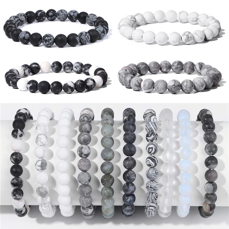 8mm Black White Natural Stone Bracelet Handmade Matte Opal Beaded Bracelets Energy Yoga Male Bracelet for Men Women Jewelry Gift