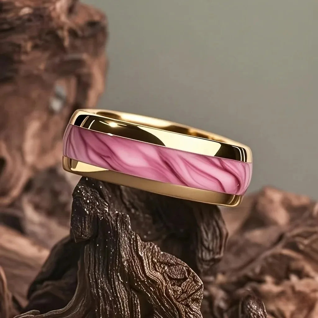 Fashion 8MM Gold Color Men Stainless Steel Ring Pink Abalone Shell Inlay Rings For Men Women Wedding Engagement Jewelry Gift
