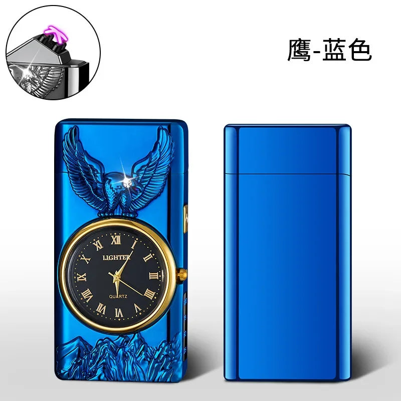 USB Rechargeable Dual Arc Metal Windproof Multifunction Lighter, Eagle Engraved Luminous Dial, LED Lighting Cigarette Lighter