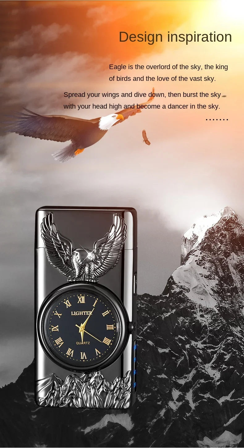 USB Rechargeable Dual Arc Metal Windproof Multifunction Lighter, Eagle Engraved Luminous Dial, LED Lighting Cigarette Lighter