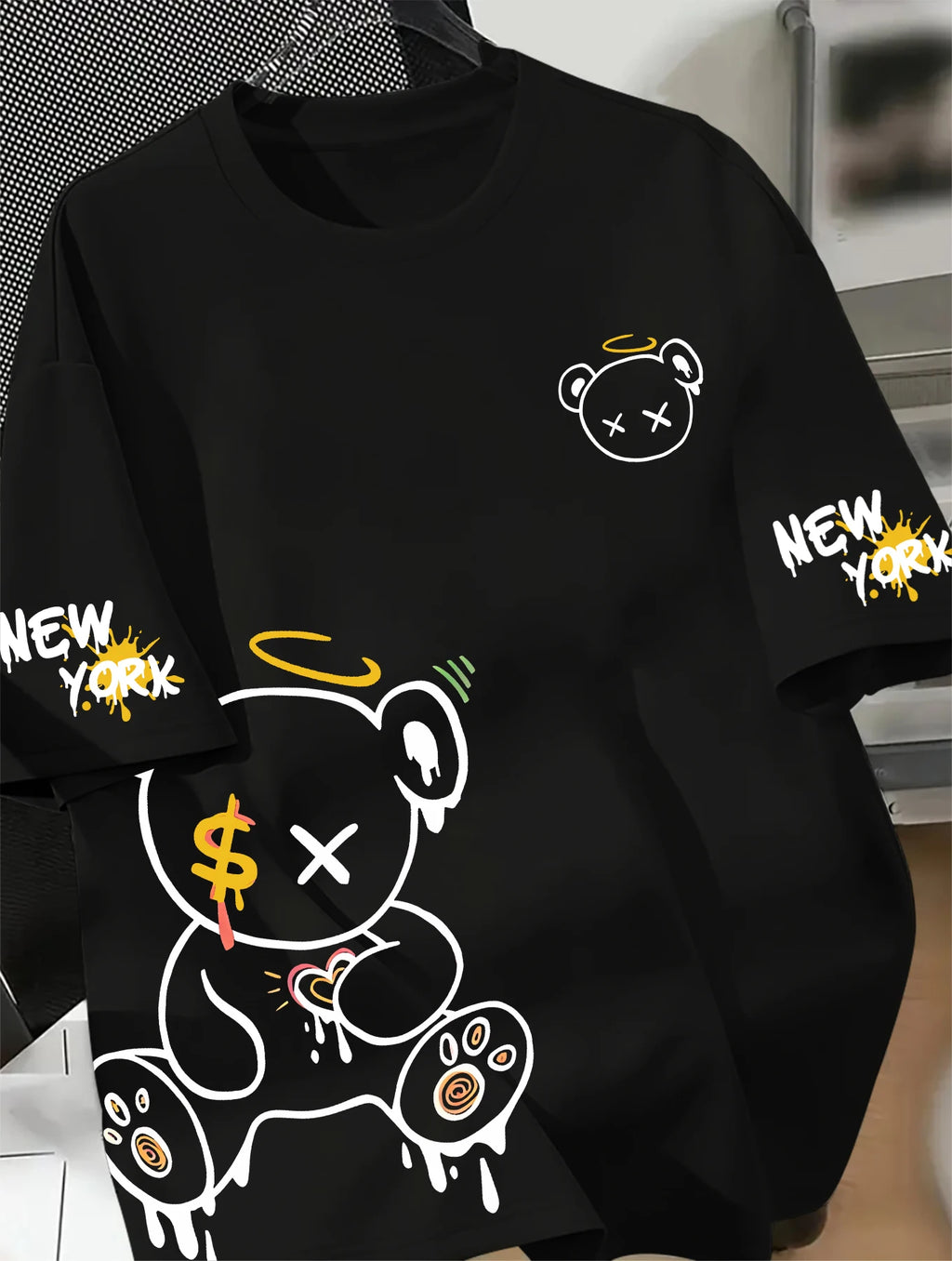 Men's Oversized New York T-Shirt Cartoon Drippy Teddy Bear Graphic Short Sleeve Tee Casual Streetwear Tops