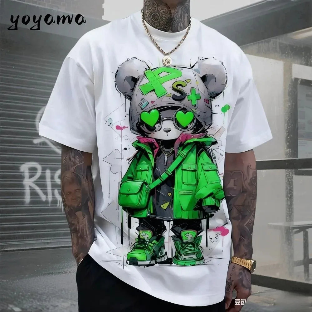 European and American men's summer cool teddy bear print comfortable and breathable round neck T-shirt outdoor street top