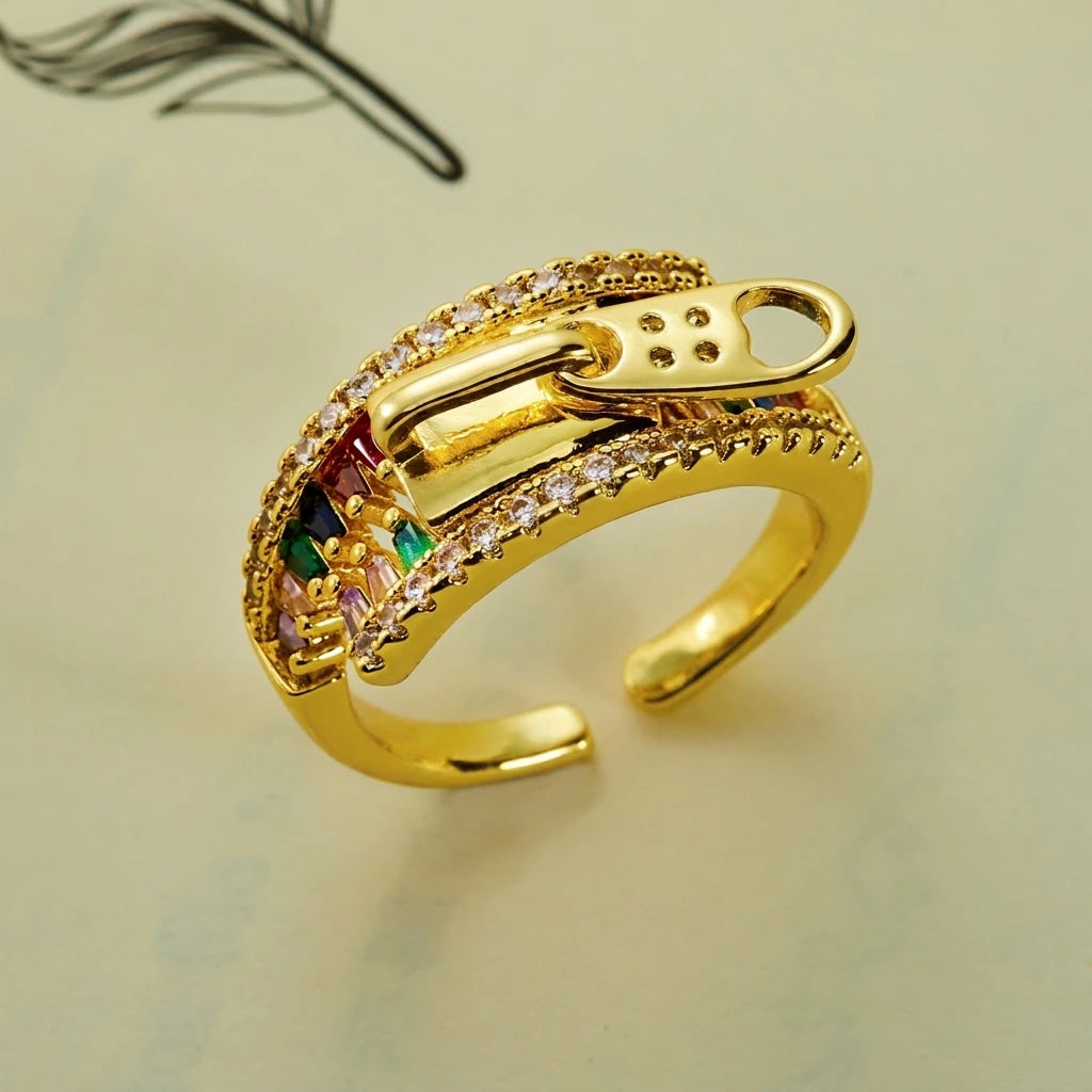 Unique Zipper Design Ring For Women Girls Colorful Cubic Zirconia Geometric Adjustable Finger Ring Party Dating Promise Jewelry