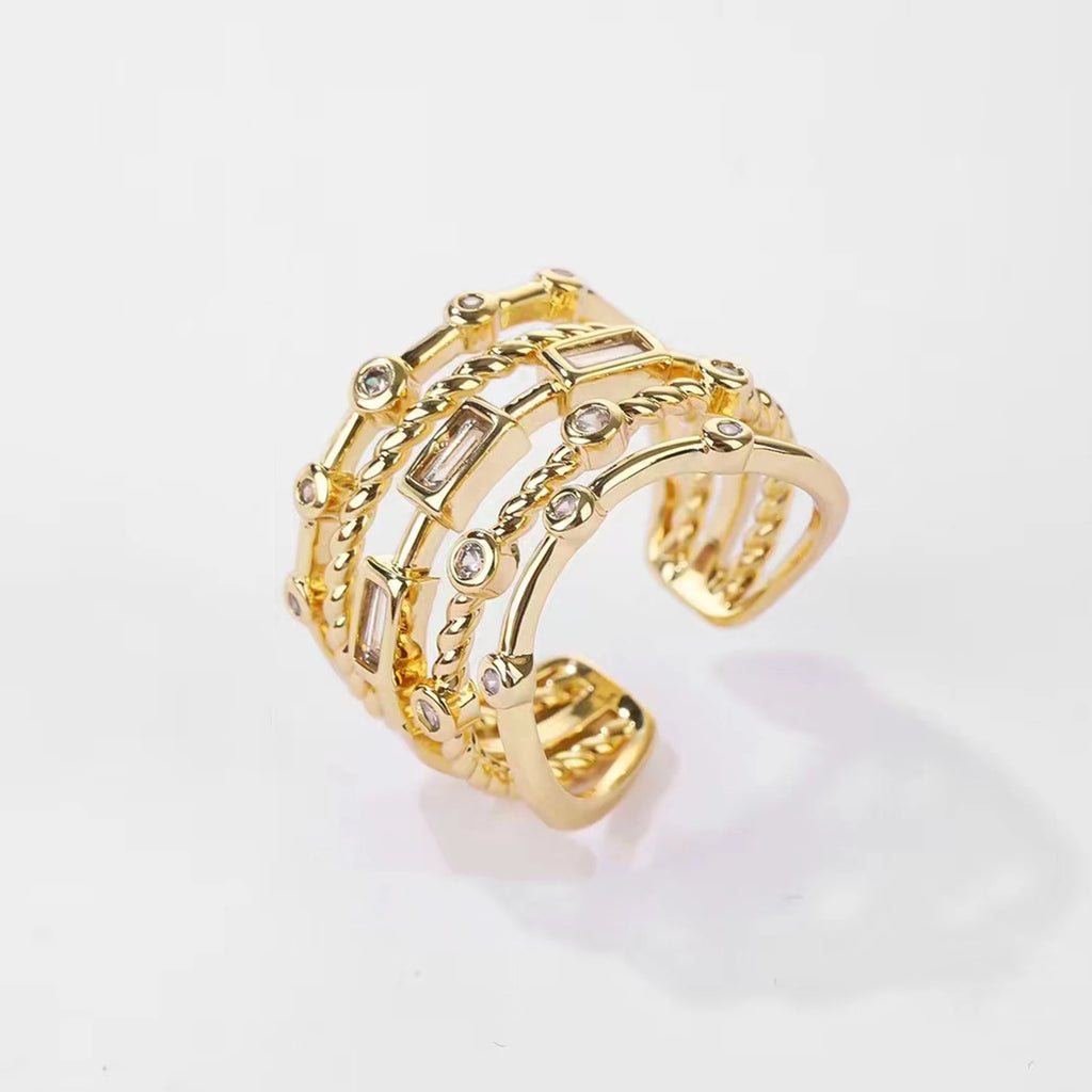 Nwe 18 K Gold Plated Sun Rings for Women Natural Stone Inlaid in Hollow Metal Texture Ring Trendy Jewelry