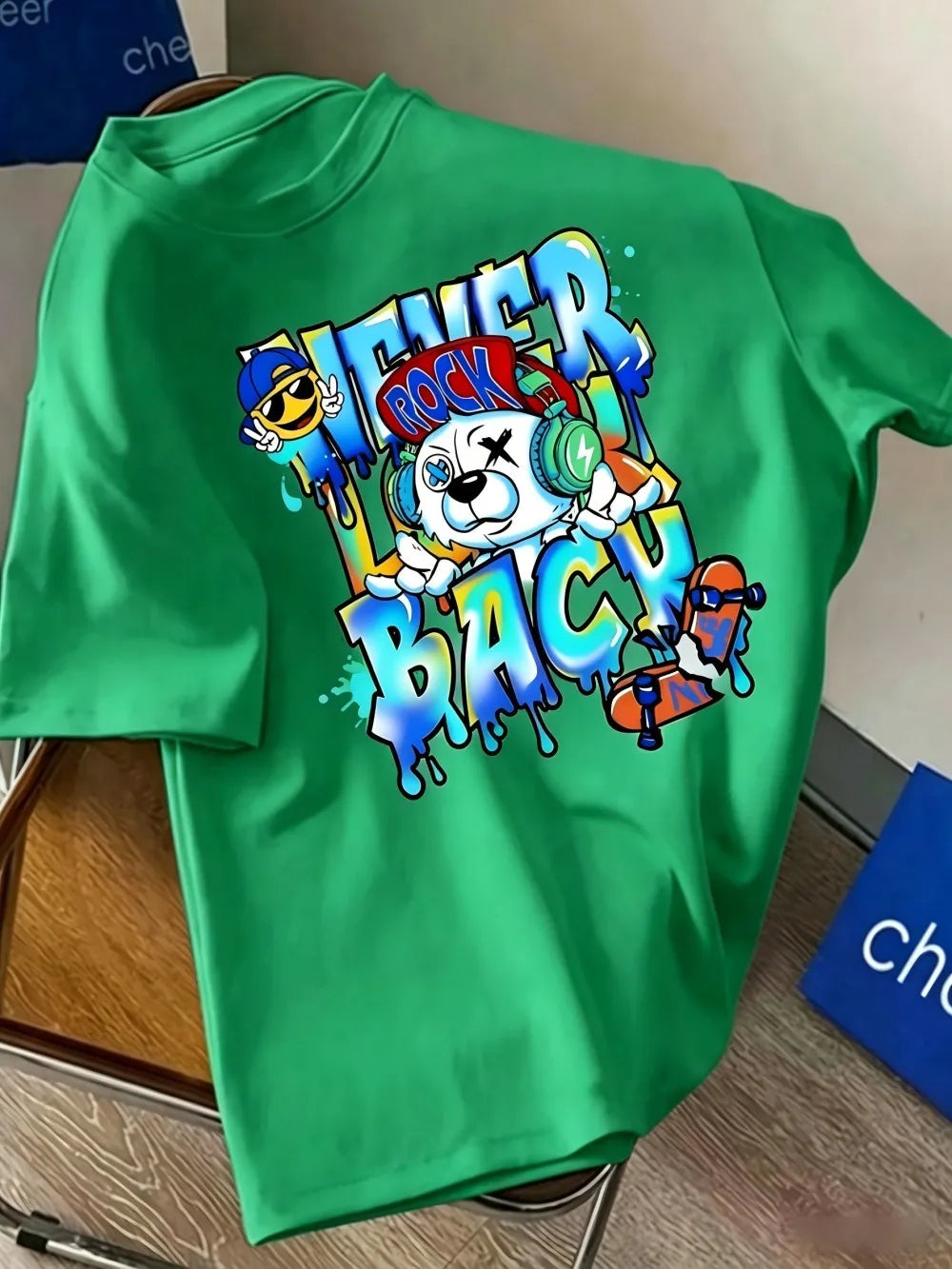American Men's Summer Music Teddy Bear Graffiti Printed Round Neck T-shirt Comfortable and Breathable Outdoor Street Top