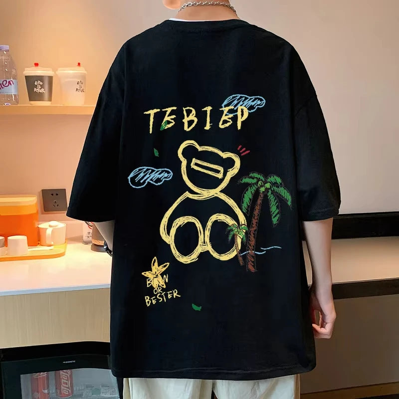 Trendy Little Bear 2026 Summer Casual new T-shirt Pure Cotton Cartoon Printed Men women Clothing New Anime Fashion Short Sleeve