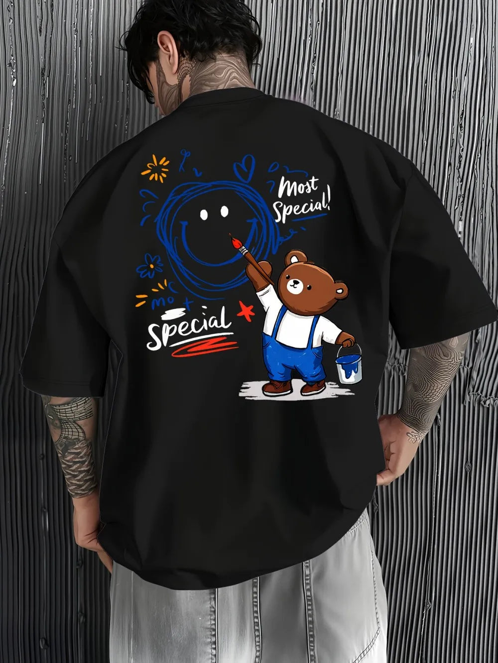 New Men's Summer Personalized Teddy Bear Graffiti Printed Micro Elastic Breathable Round Neck T-shirt Outdoor Street Top