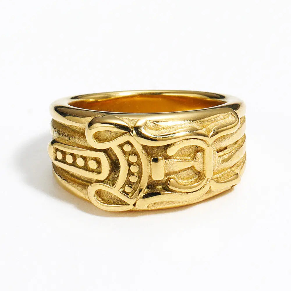 Mens Punk Fashion Jewelry 18K Gold Plated Stainless Steel Sword Ring Size 7-13