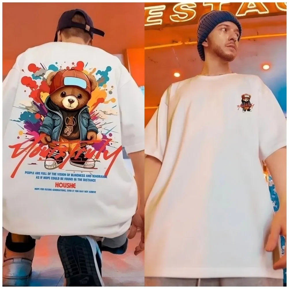 European and American men's summer fun teddy bear graffiti print soft and breathable round neck T-shirt outdoor street top