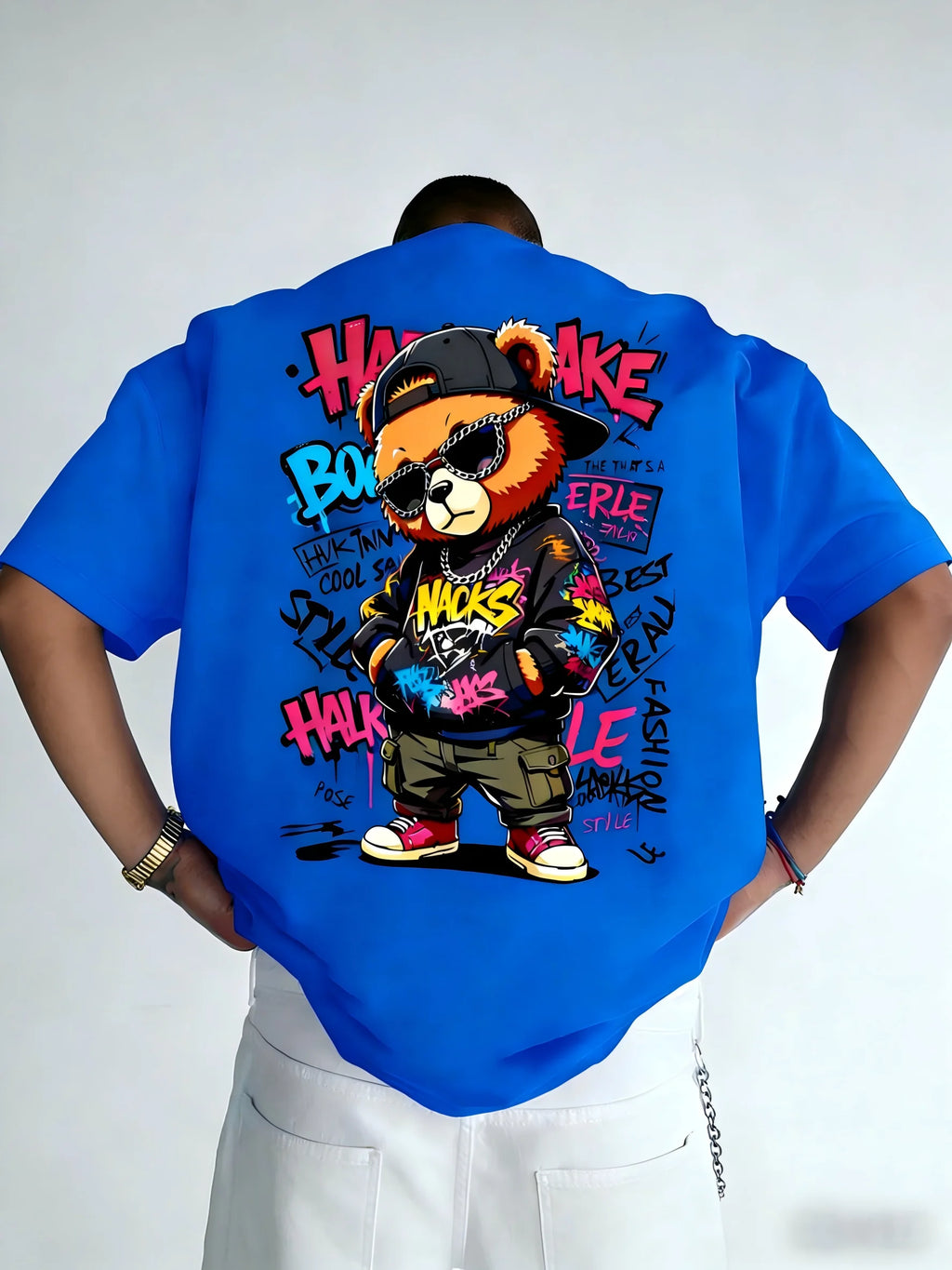 European and American men's summer teddy bear graffiti print comfortable and breathable round neck T-shirt outdoor street top