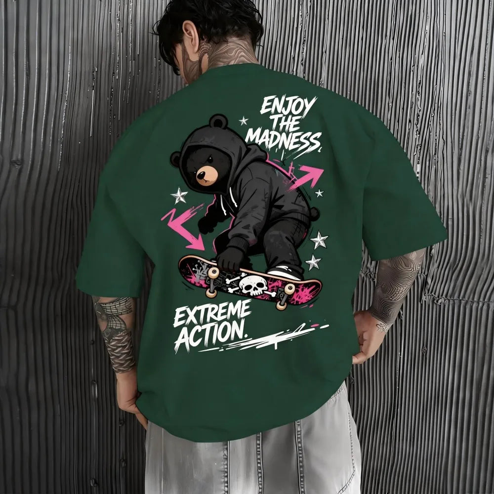 American men's summer teddy bear skateboard letter print comfortable and breathable round neck T-shirt outdoor street sports top