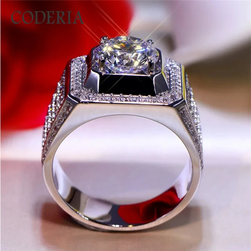 VVS1 High Clarity D Color 2-5 Carat Moissanite Men Ring 925 Sterling Silver White Gold Plated Lab Diamond Rings Wedding Jewelry
