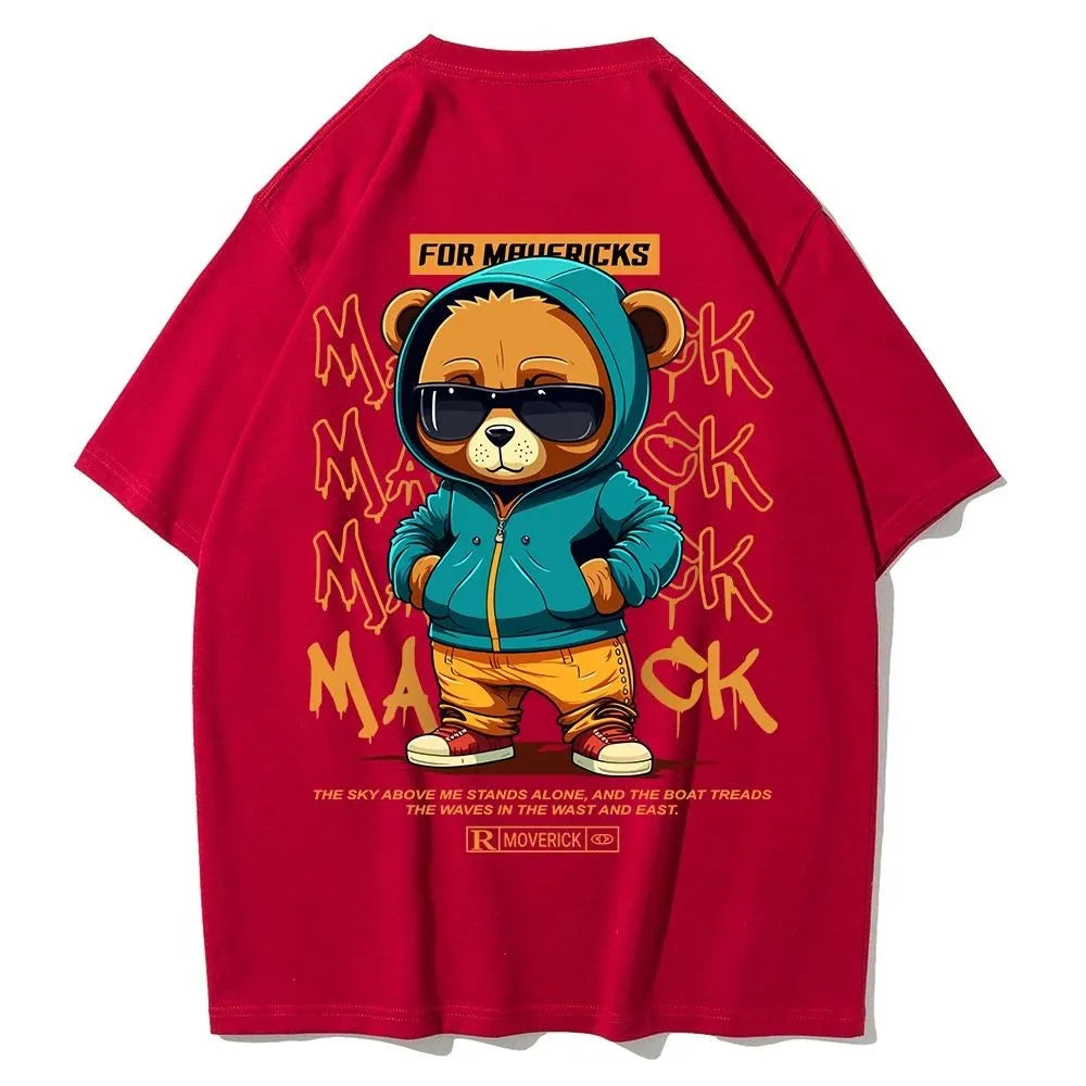 American men's summer personalized cartoon teddy bear letter print soft and breathable round neck T-shirt outdoor street top