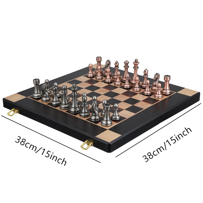 High end metal chess pieces, 38cm/15 inches, ebony wooden chessboard, providing foldable classic games for chess enthusiasts