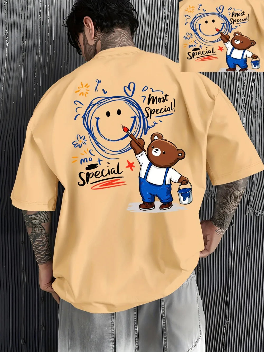 New Men's Summer Personalized Teddy Bear Graffiti Printed Micro Elastic Breathable Round Neck T-shirt Outdoor Street Top