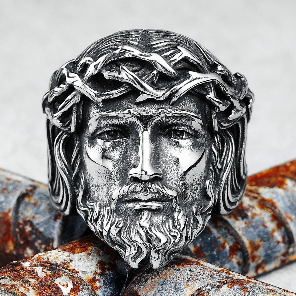 316L Stainless Steel Men Ring Christian Jesus Face Rings Religion Amulet Punk Rock for Male Biker Boyfriend Jewelry Best Gift