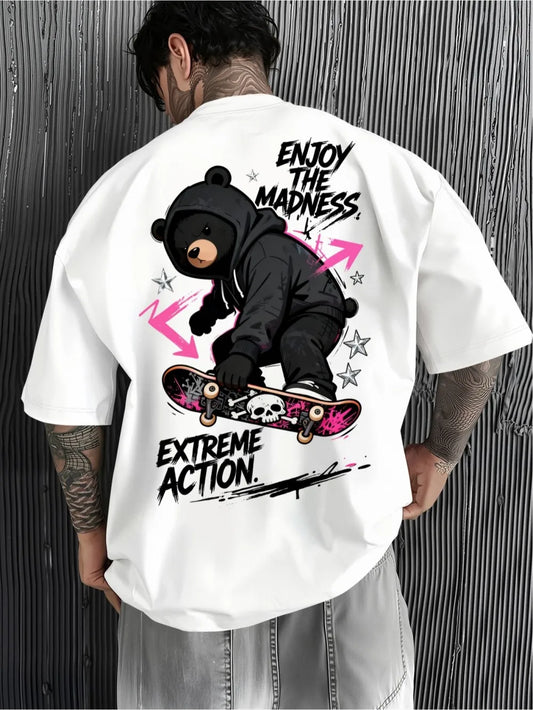 American men's summer teddy bear skateboard letter print comfortable and breathable round neck T-shirt outdoor street sports top