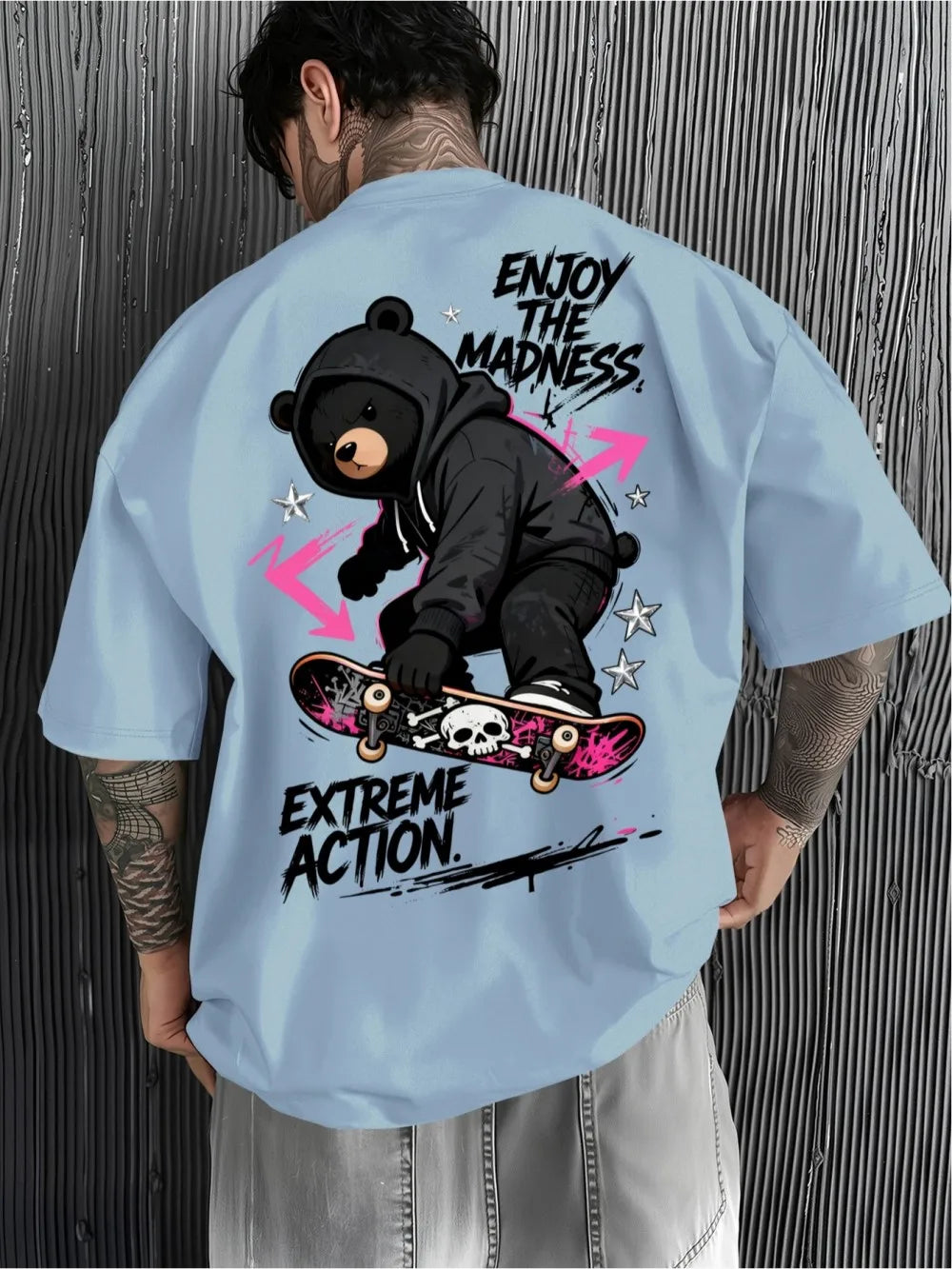 American men's summer teddy bear skateboard letter print comfortable and breathable round neck T-shirt outdoor street sports top