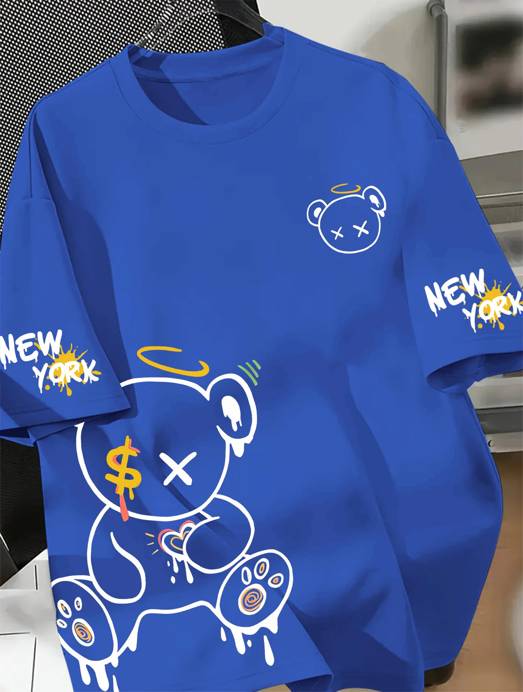 Men's Oversized New York T-Shirt Cartoon Drippy Teddy Bear Graphic Short Sleeve Tee Casual Streetwear Tops