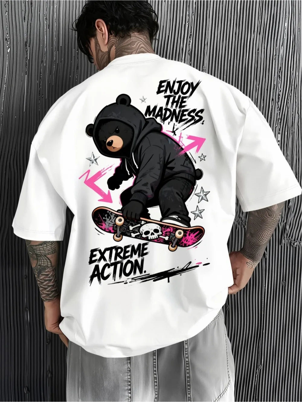 American men's summer trend skateboard teddy bear letter print soft and breathable round neck T-shirt outdoor casual top