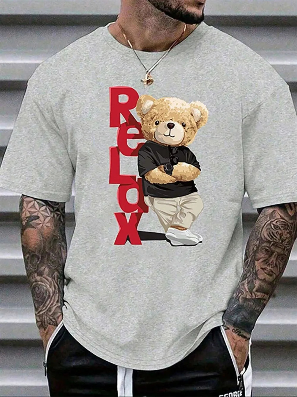 European and American men's summer new teddy bear letter print comfortable leak tight round neck T-shirt outdoor casual top
