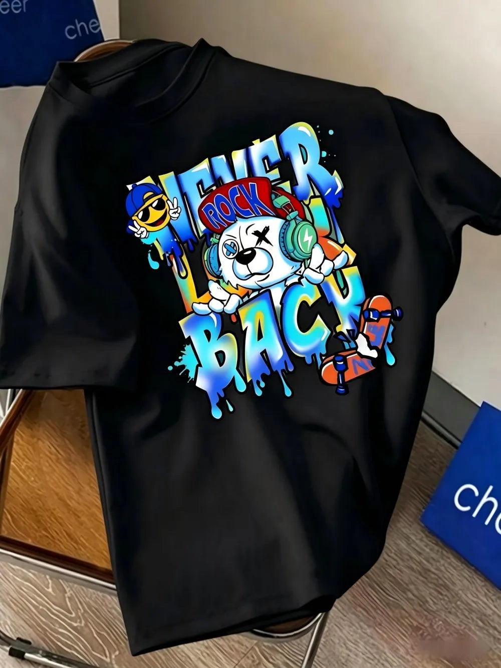 American Men's Summer Music Teddy Bear Graffiti Printed Round Neck T-shirt Comfortable and Breathable Outdoor Street Top