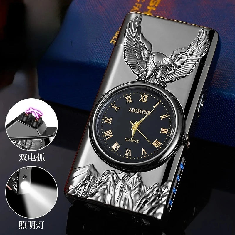 USB Rechargeable Dual Arc Metal Windproof Multifunction Lighter, Eagle Engraved Luminous Dial, LED Lighting Cigarette Lighter